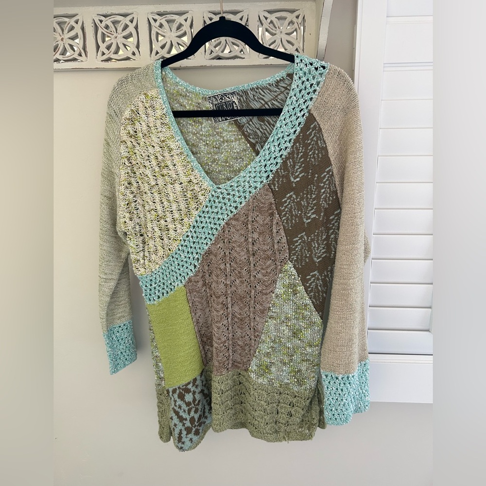 Anthropologie Curio Green and Brown V-Neck Sweater with Patchwork Design